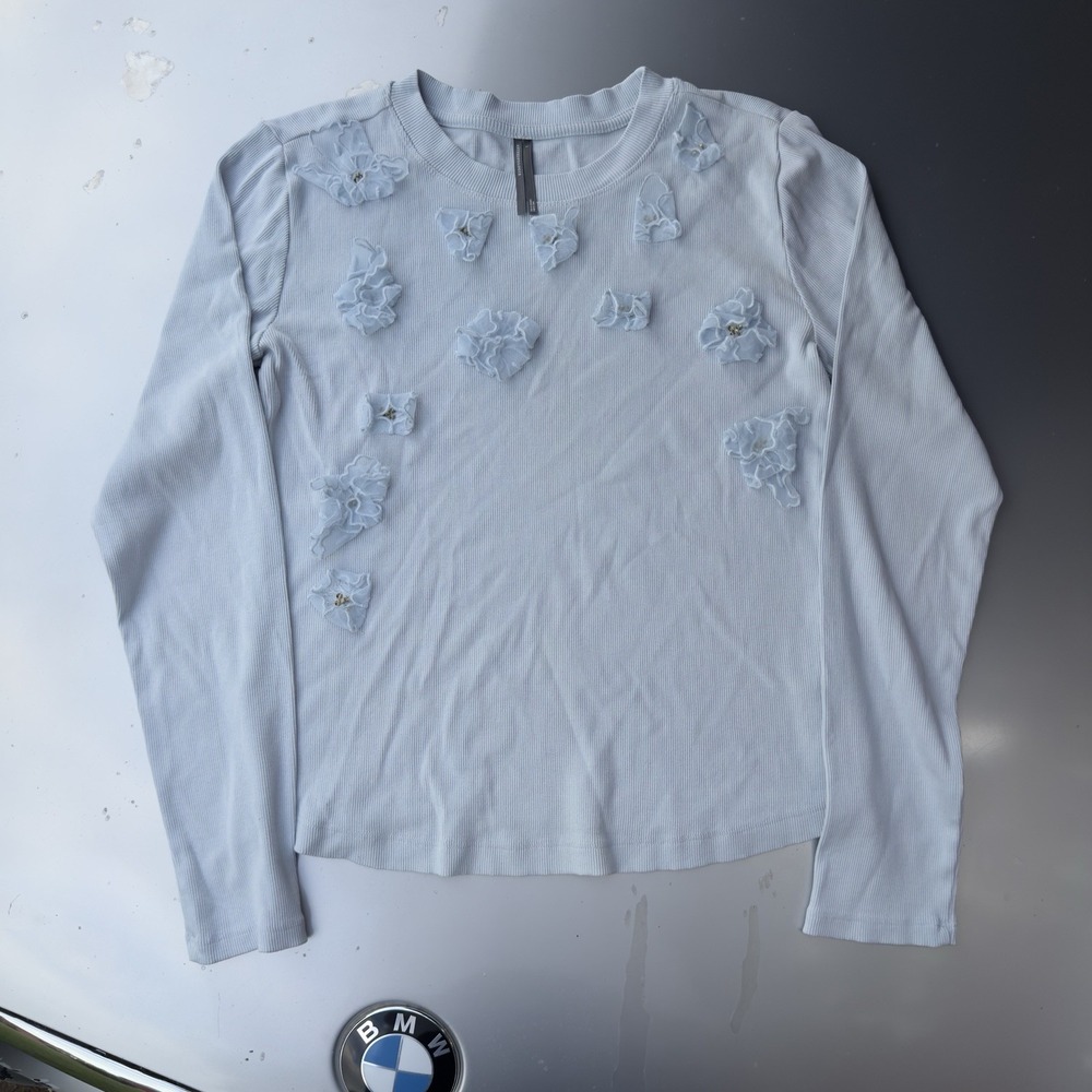 Anthropology Light Blue Ribbed Top Longsleeve 3D Floral Crew Neck Top Women's L